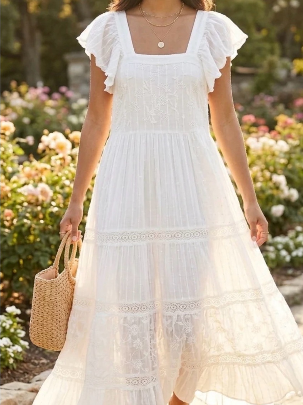 Sundance Off-White Lace Maxi Dress with Flutter Sleeves, Size XS